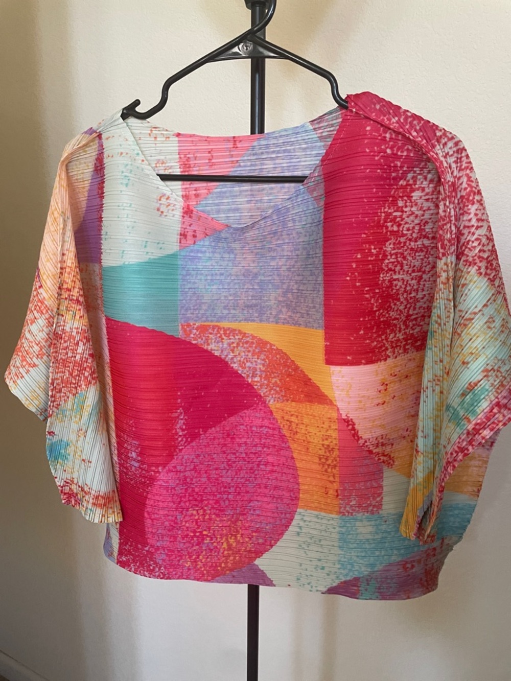 Colorblock Abstract Print Pleated Women's Top - Pink Multi size M